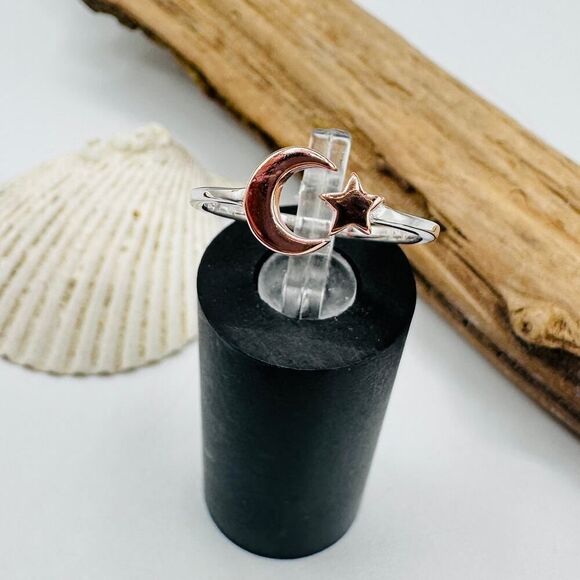 Sterling Silver Moon & Star Ring – Rose Gold & Rhodium Plated - Picture 2 of 4